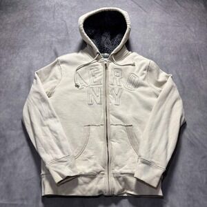 Aeropostale Mens Full Zip Hoodie Cream Sherpa Lined Hood AERO NY Graphic Small